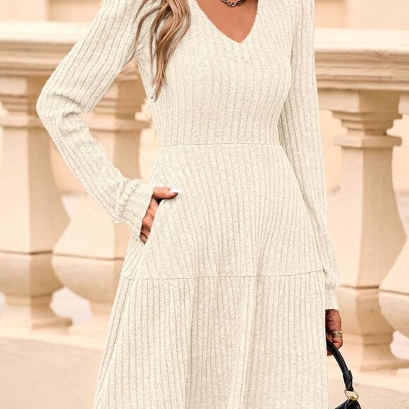Womens Sweater Dress Knit Long Sleeve V Neck A Line Fall Mini Pockets - Picture 3 of 8